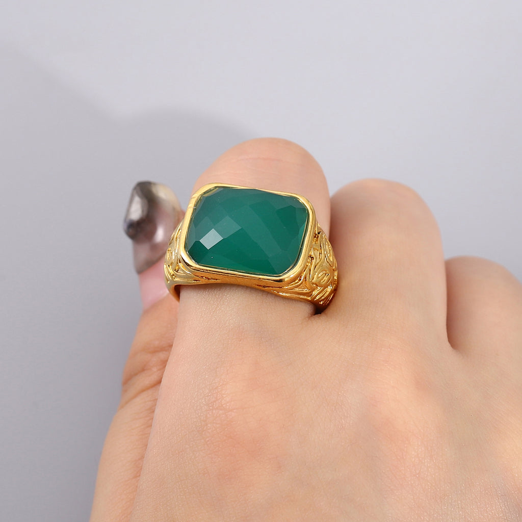 Green Emerald Stone Gold Ring-oval Cut-between Two Zircon Stones-very  Compatible With Evening Dresses - Etsy